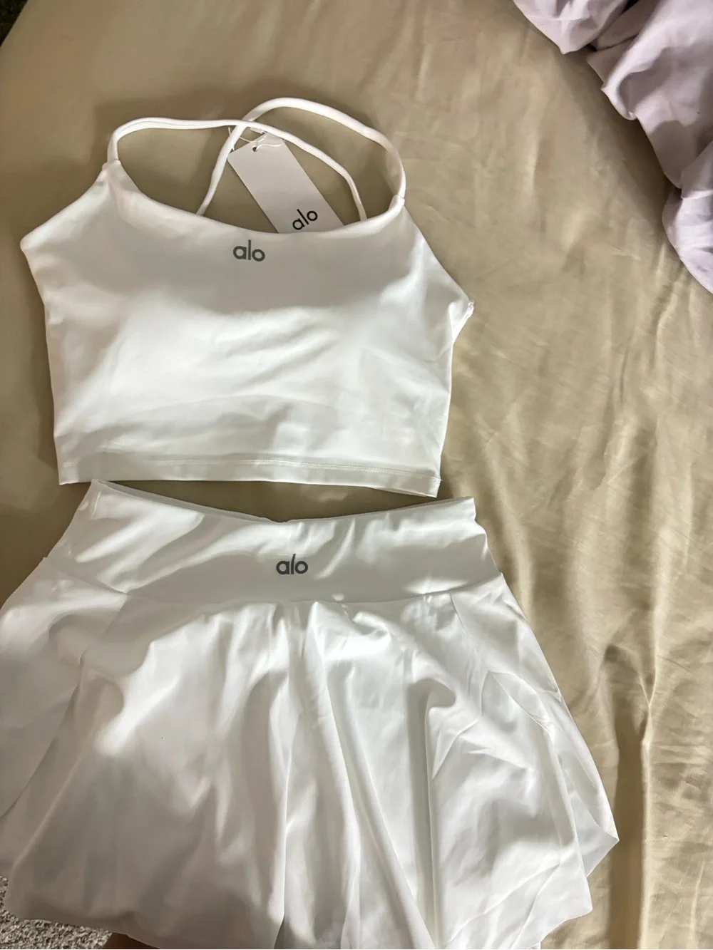 ALO Yoga White Strappy Crop Top & Pleated Skirt Set